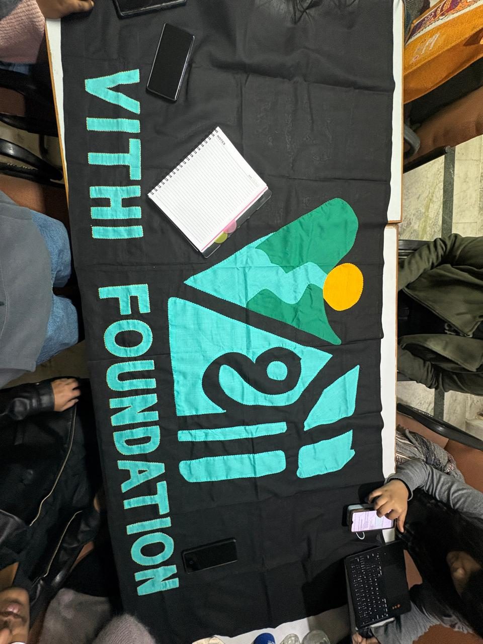 Vithi Foundation banner made in appliqué, stitched instead of printed